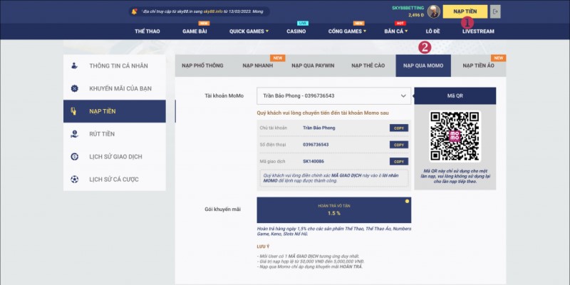 Nạp tiền Sky88 bằng cách sử dụng ví điện tử Momo